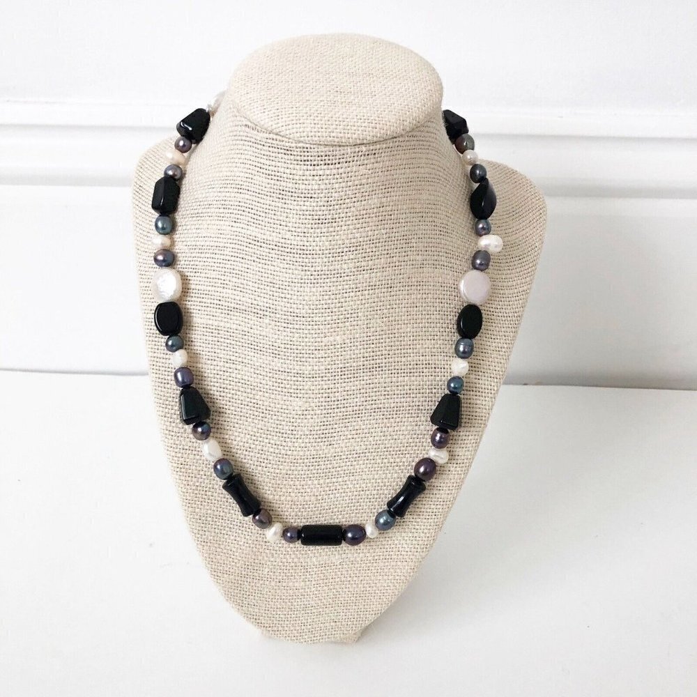 NWT Genuine Black Onyx, Black Pearl & White Pearl Beaded Necklace Black White